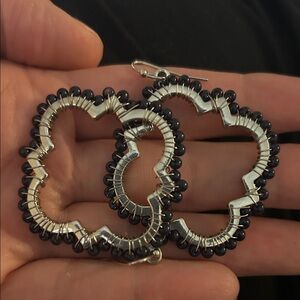 Silver and Black Beaded Hoop Earrings